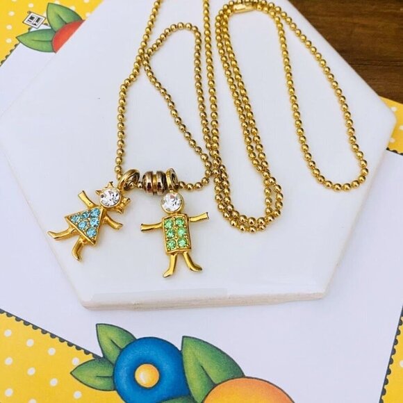 KIS USA Jewelry - KIS USA Gold Kid Necklace Boy Girl Charms March & August Birthstones